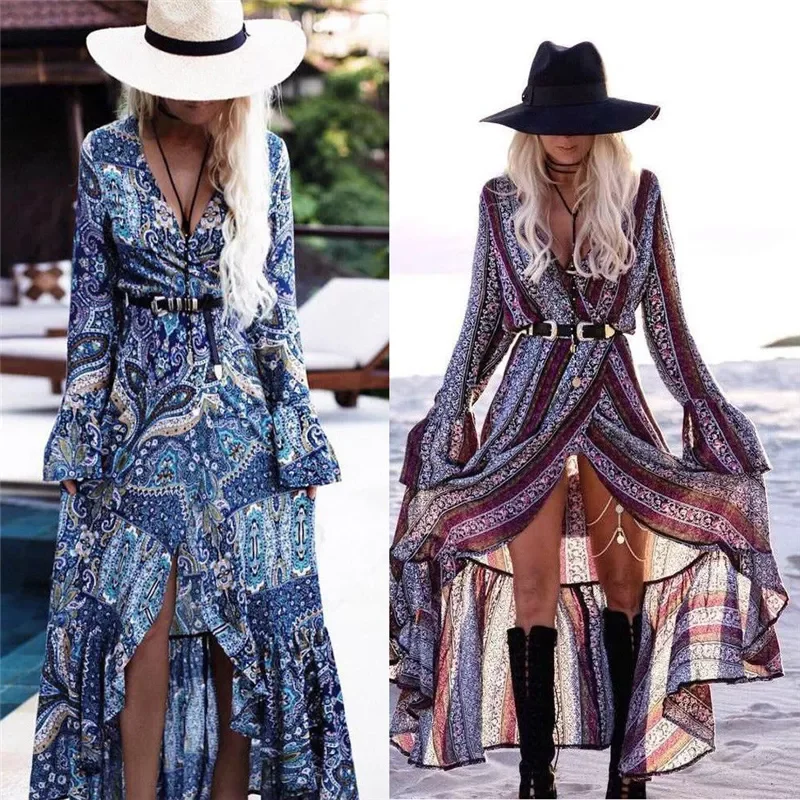 

2022NEW Summer Dress Boho Style Women Long Maxi Evening Party Dress Sexy Vintage Floral V Neck High Split Beach Dresses Sundress