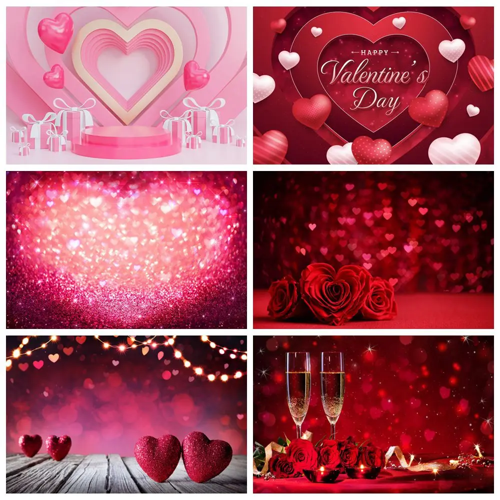 

Valentine's Day Decoration Photography Backdrops February 14 Custom Heart Glitter Red Roses Wooden Board Party Photo Backgrounds