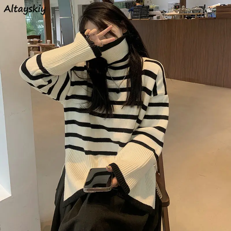 

Пуловеры женские с высоким воротником, полосатые вязаные свободные универсальные свитера, ретро верхняя одежда, топы, простые повседневные модные Универсальные Ulzzang