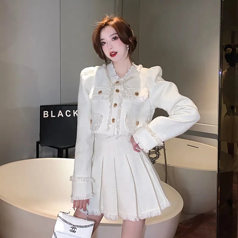 Single Breasted Blazer Female Casual Slim Short Blazer Coats Tweed Jacket Black Tops 2022 Tweed Women Black Vintage Office Lady