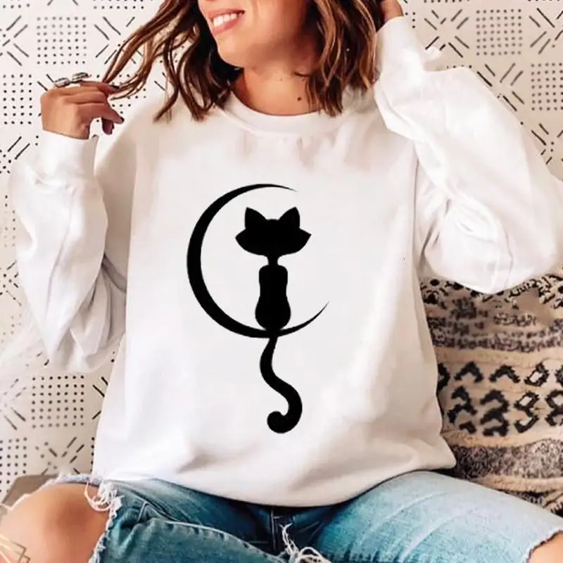 

Woman Cat Geometric Cute 90s Sweatshirts O-neck Pullovers Ladies Spring Autumn Winter Hoodies Womens Female Casual Clothing