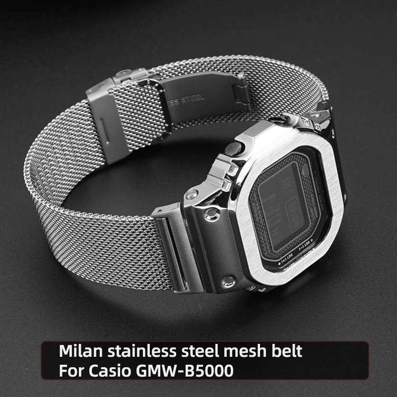 Фото Сетчатый ремень Milan из нержавеющей стали для Casio GMW-B5000 Gmw b5000 GM-B2100, мужской спортивный ремешок, черный, серебристый, металлический браслет №1