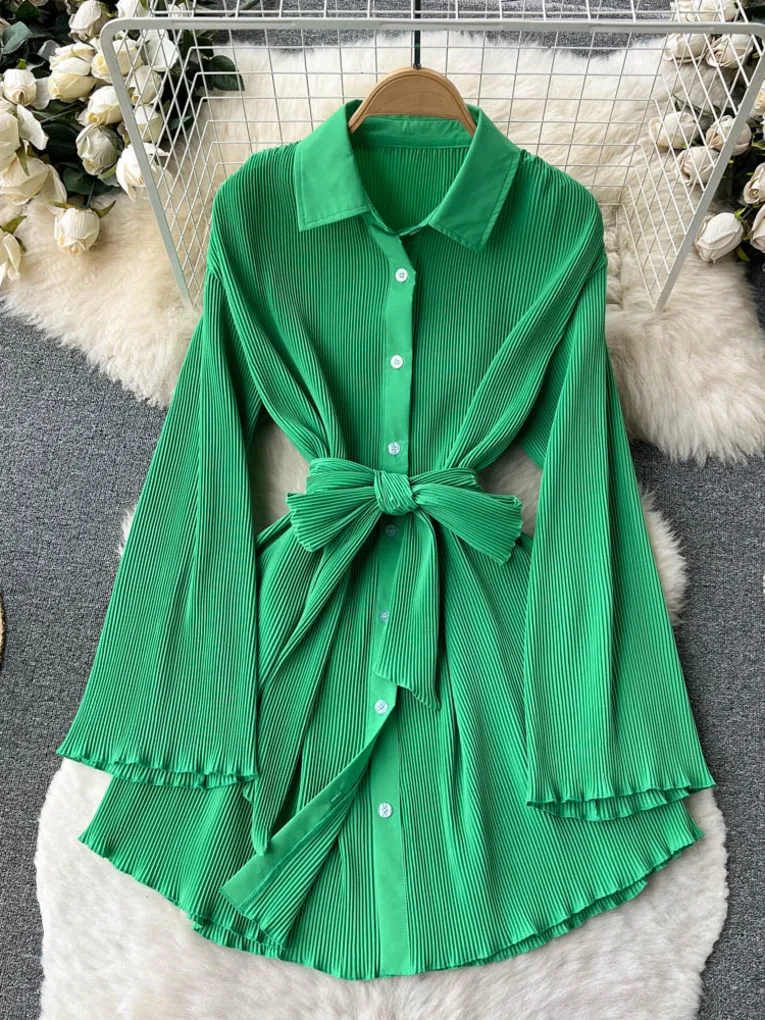 

Foamlina Casual Women Green Shirt Dress New Spring Autumn Turn Down Collar Flare Sleeve Single Breasted Female Dress Streetwear