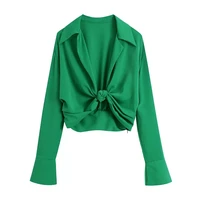 women fashion turn down collar knotted green color short smock blouse female long sleeve slim shirt chic crop tops