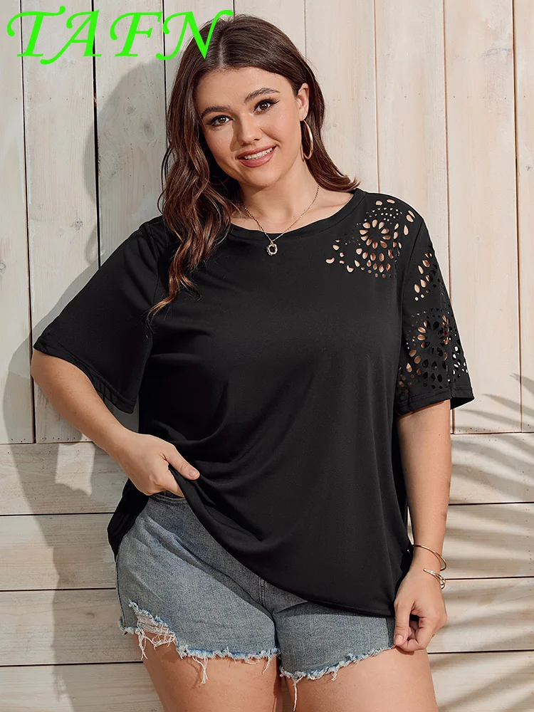 

TAFN Plus Size Summer Geo Cut Out Tee Ladies Short Sleeve Solid Chiffon T-shirt Women Clothing O-Neck Tops