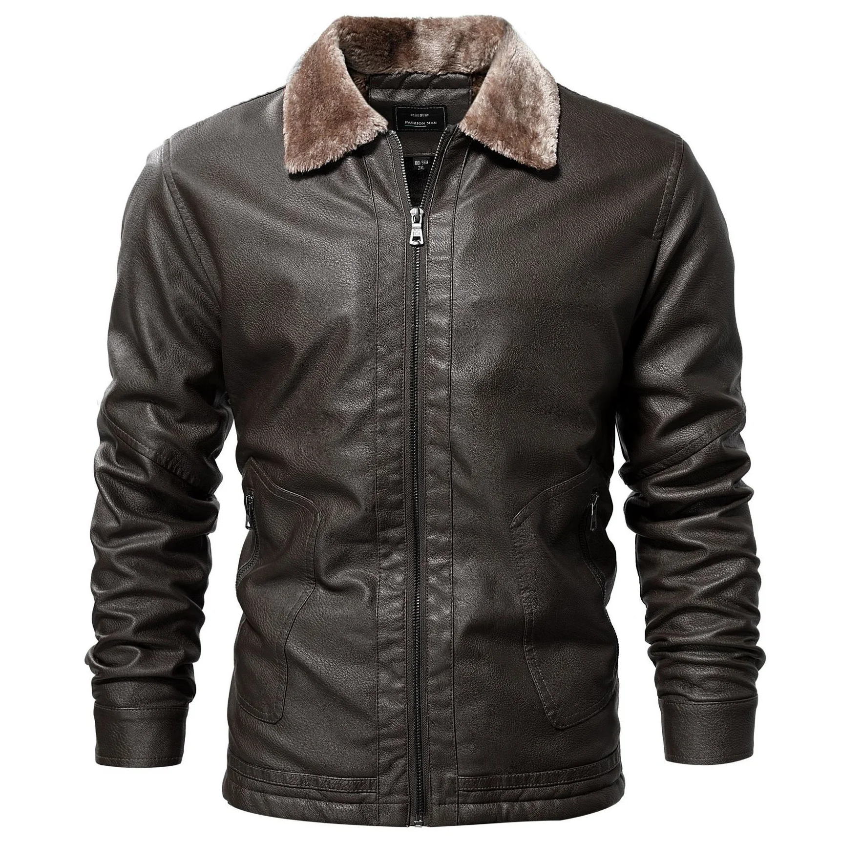 

Зимняя Флисовая теплая мужская кожаная куртка, однотонная ветрозащитная верхняя одежда на молнии с меховым воротником, пальто из искусственной кожи, Мотоциклетные Куртки