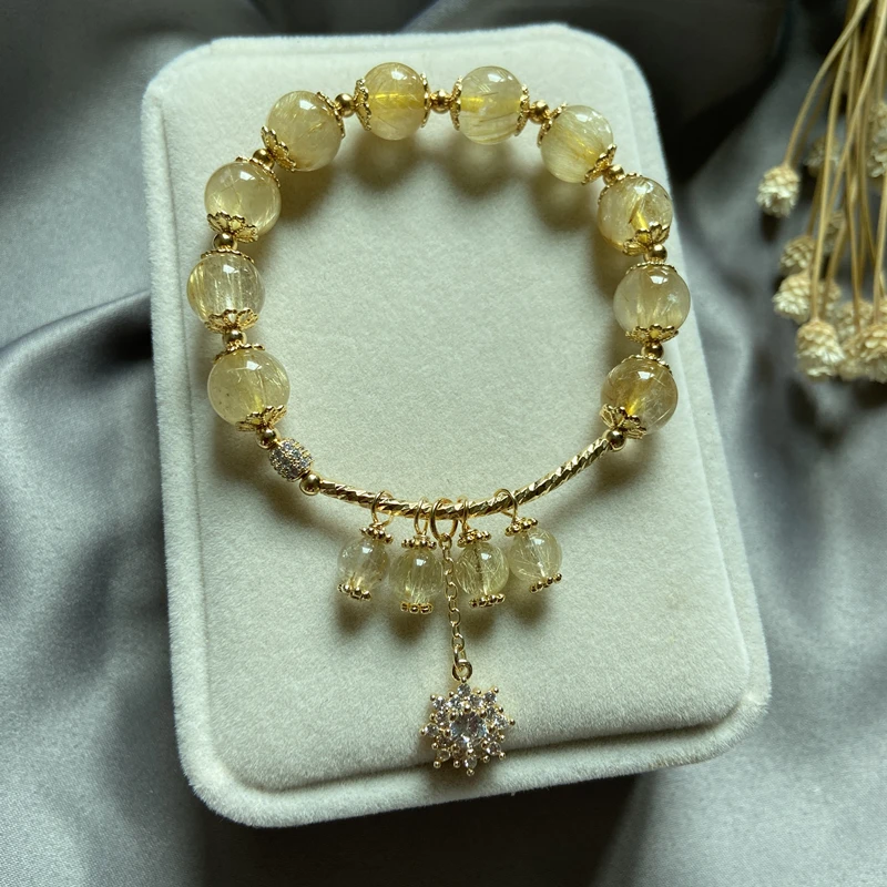

Natural Brazil Gold Rutilated Quartz Woman Titanium Wealthy Stone Beads Bracelet Jewelry Bangle Stretch Jewelry