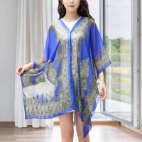 women shawl cashew print beads ladies loose fitting sexy cover up swimwear long blouse shirts female tops for vacation