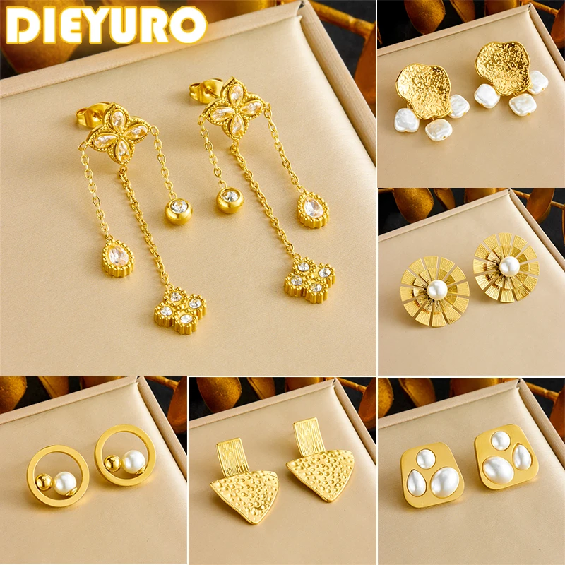 DIEYURO 316L Stainless Steel Golden Flowers Zircon Pearls Earrings For Women Girl New Trend Fashion Ear Jewelry Lady Party Gift