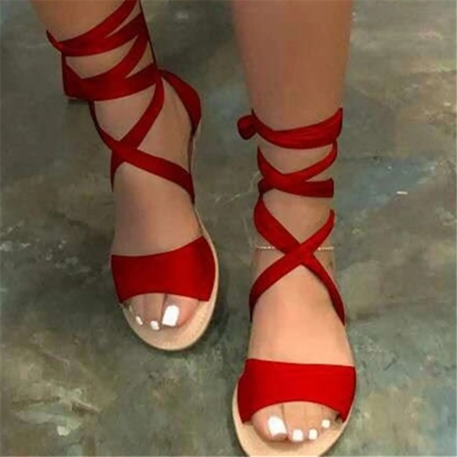 Women's Sandals Summer Fashion Casual Hollow Roman Strap Large Size Lace Up Hemp Rope Flat Sandals Comfort Beach Shoes Plus Size 3