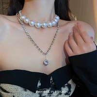 simulated pearl chokers double layer pearl necklace box chain with cubic zironia necklac for women bling cz pendant jewelri