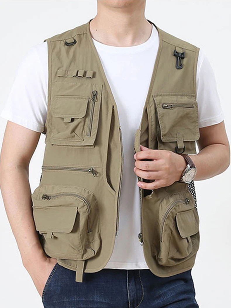 Men's Outdoor Fishing Vest Solid Color Breathable Vest Men's Multi-Pocket Hunting Vest Mountaineering Camping Sleeveless Coat