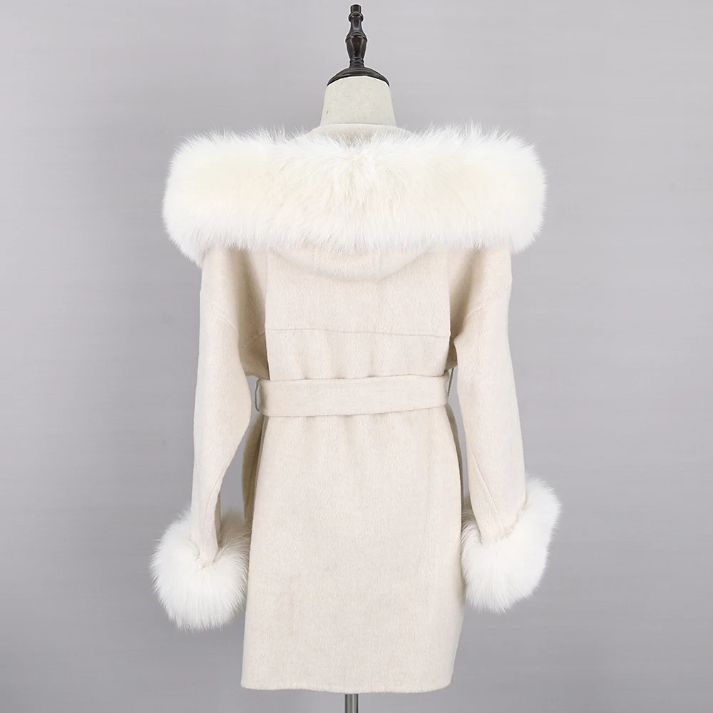 FURYOUME 2022 Winter Women Casual Cashmere Wool Blends Real Fur Coat Natural Fox Fur Collar Hooded Jacket Streetwear Loose Brand