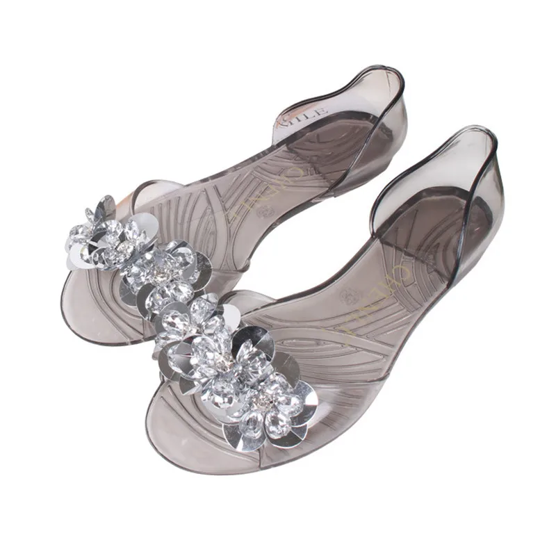

2023 Cheap PVC Jelly Shoes Crystal Flowers Flats Peep Toe Grey Champagne Transparent Slip-Ons Daily Soft Summer Plus Sizes 40 41