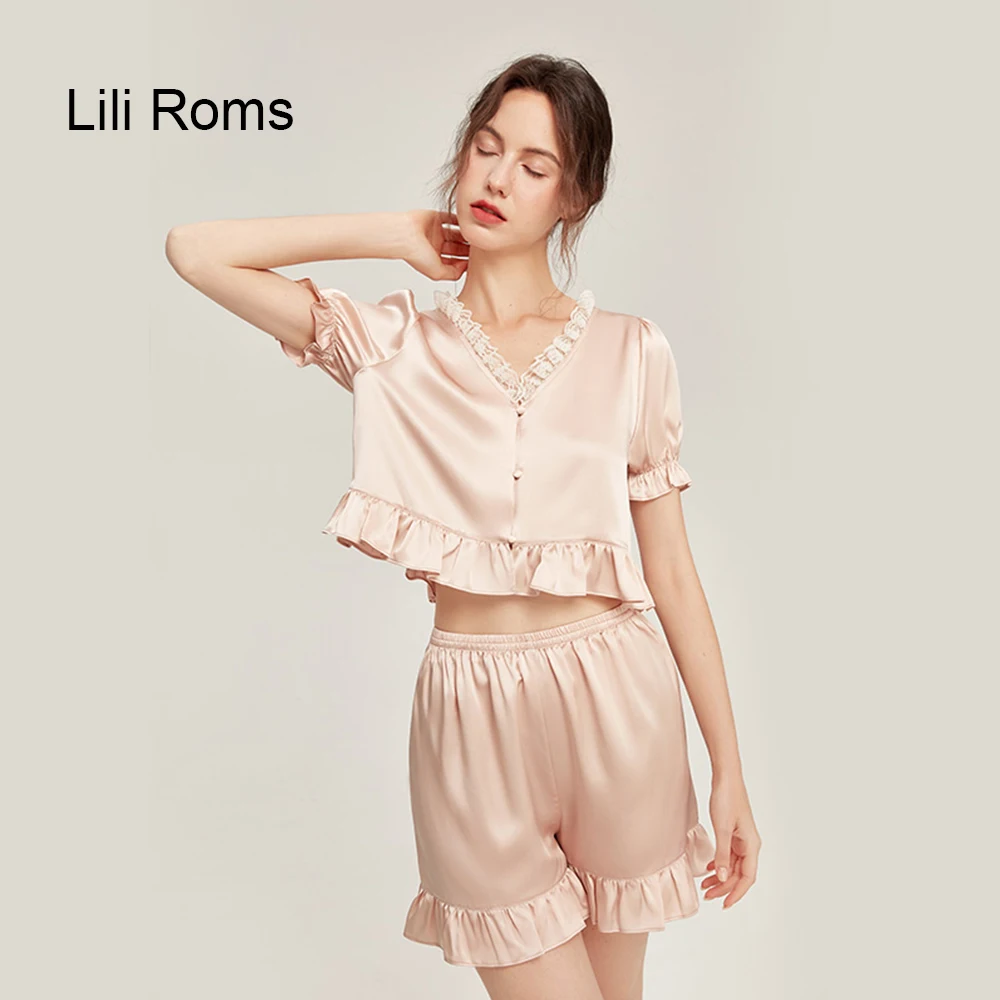 

LiliRoms Pink 22 Momme 100% Silk Pajamas Set Sleepwear Luxury Natural Silky Shorts Sleep Women's Clothing For Your Love Gift