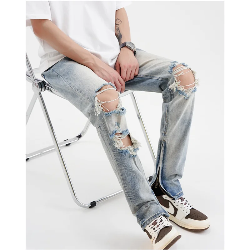 Streetwear Men 2022 Fashion New Pattern Recreational Blue Pants Straight Cylinder Comfortable Loose Ripped Jeans Autumn Female