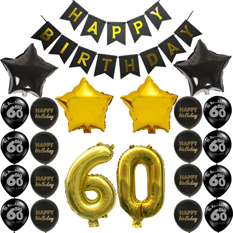Шары воздушные черные золотые 30/40/50/60 лет баннер на день рождения для взрослых
