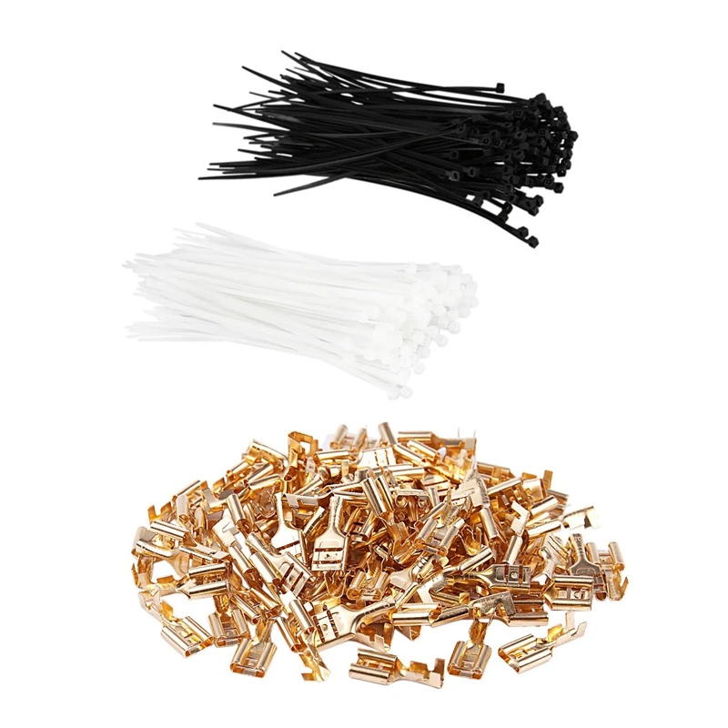 

JFBL Hot 200 Pieces 6 Inch Nylon Cable Ties In Black And White & 100 Pcs Car Speaker 6.3Mm Female Spade Terminal Wire Connector