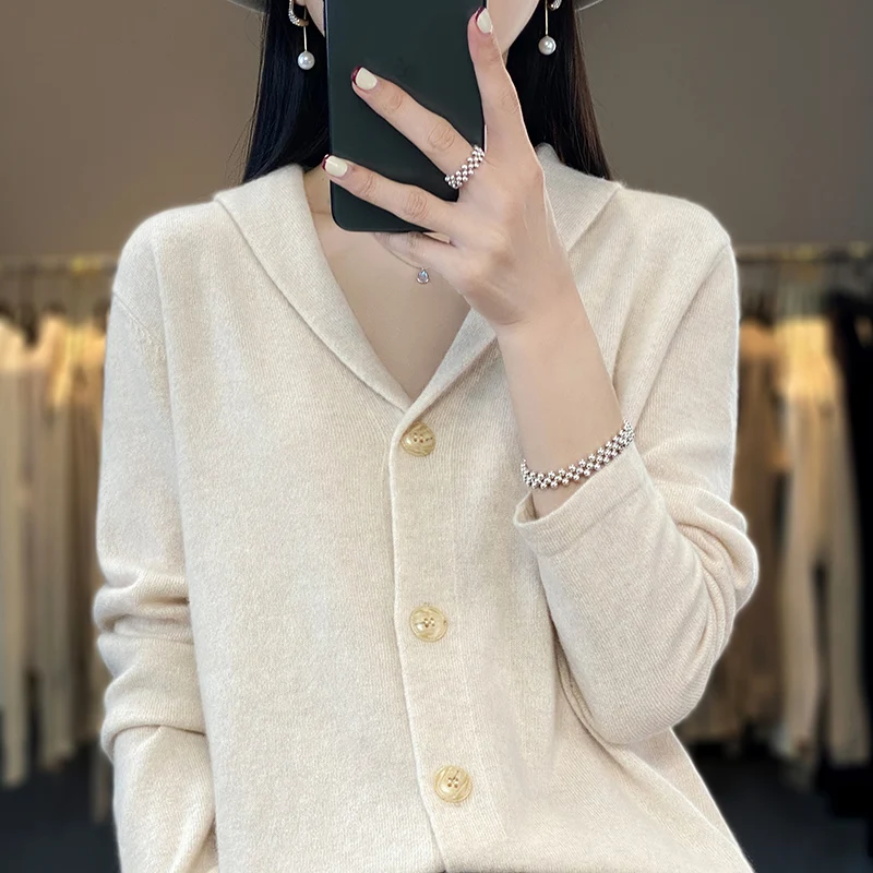 

Мягкий и приятный для кожи кардиган из 100% чистой шерсти с лацканами женский однотонный Свободный вязаный свитер пальто Универсальный кашемировый свитер Новинка