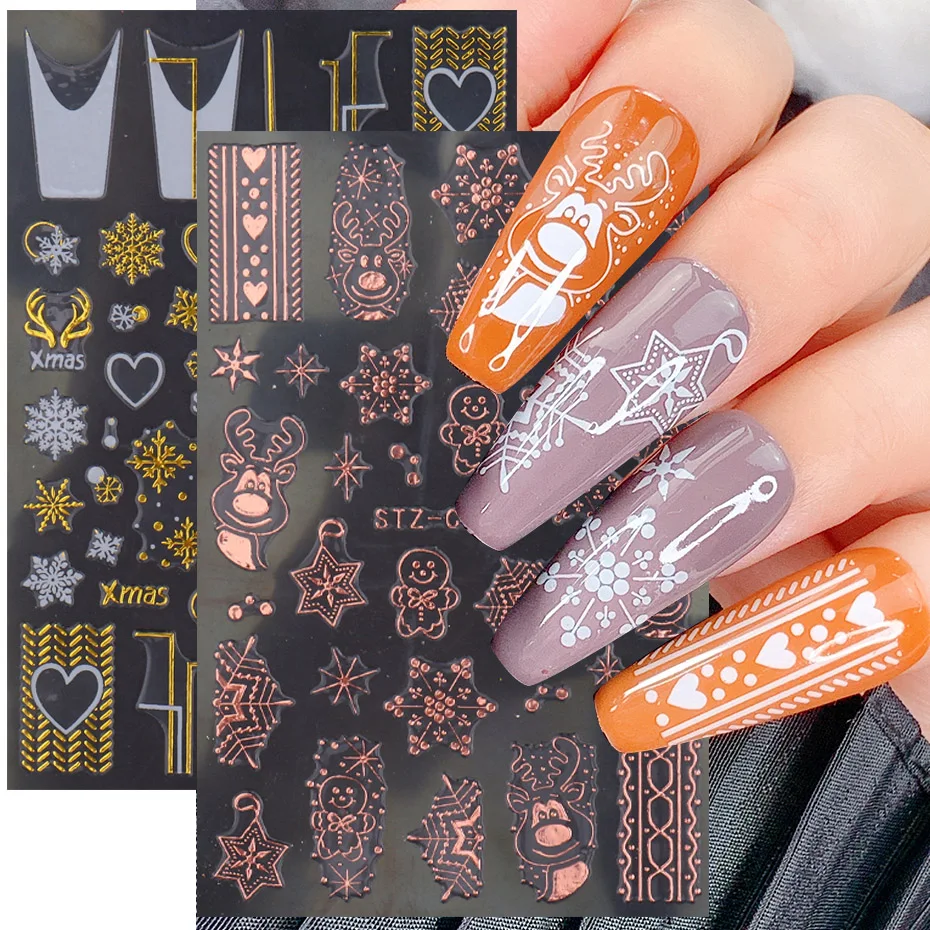 

3D Rose Gold Printing Nail Sticker Xmas Snowflake Elk Heart Letter French Sliders Winter Decor Nail Accessories SASTZCS082-085