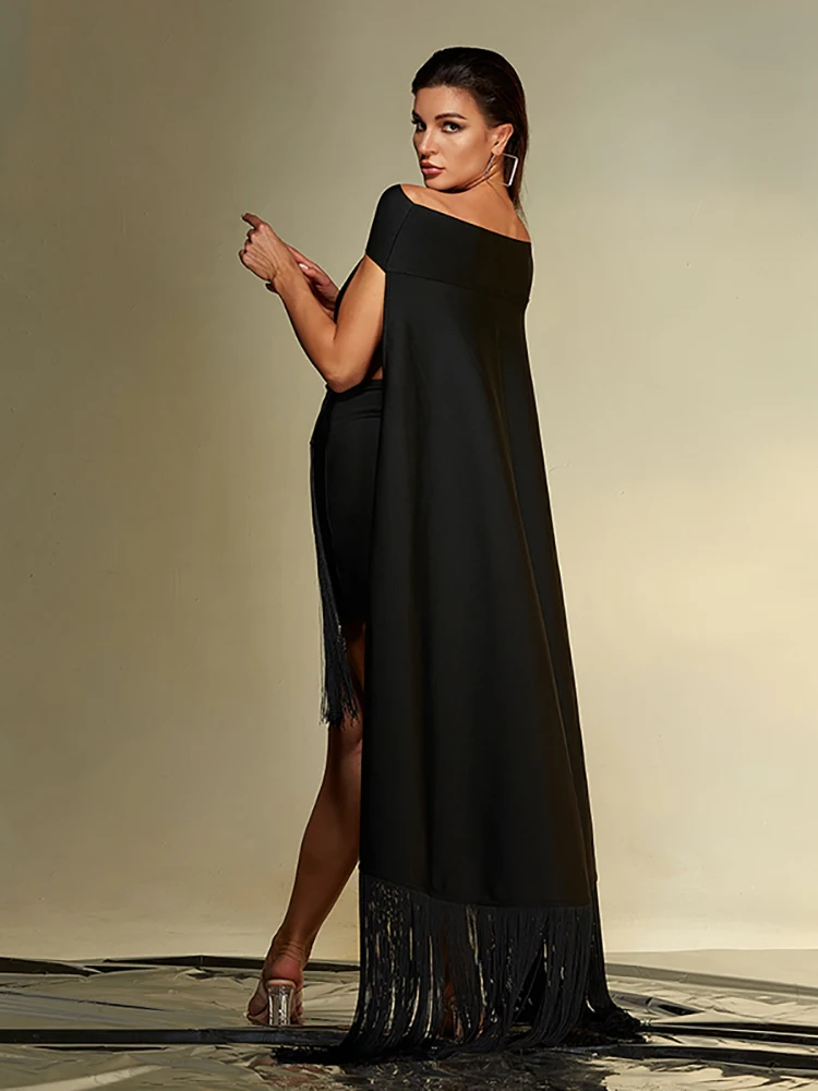 Сексуальное мини-бандажное платье с вырезом и бахромой женское черное без