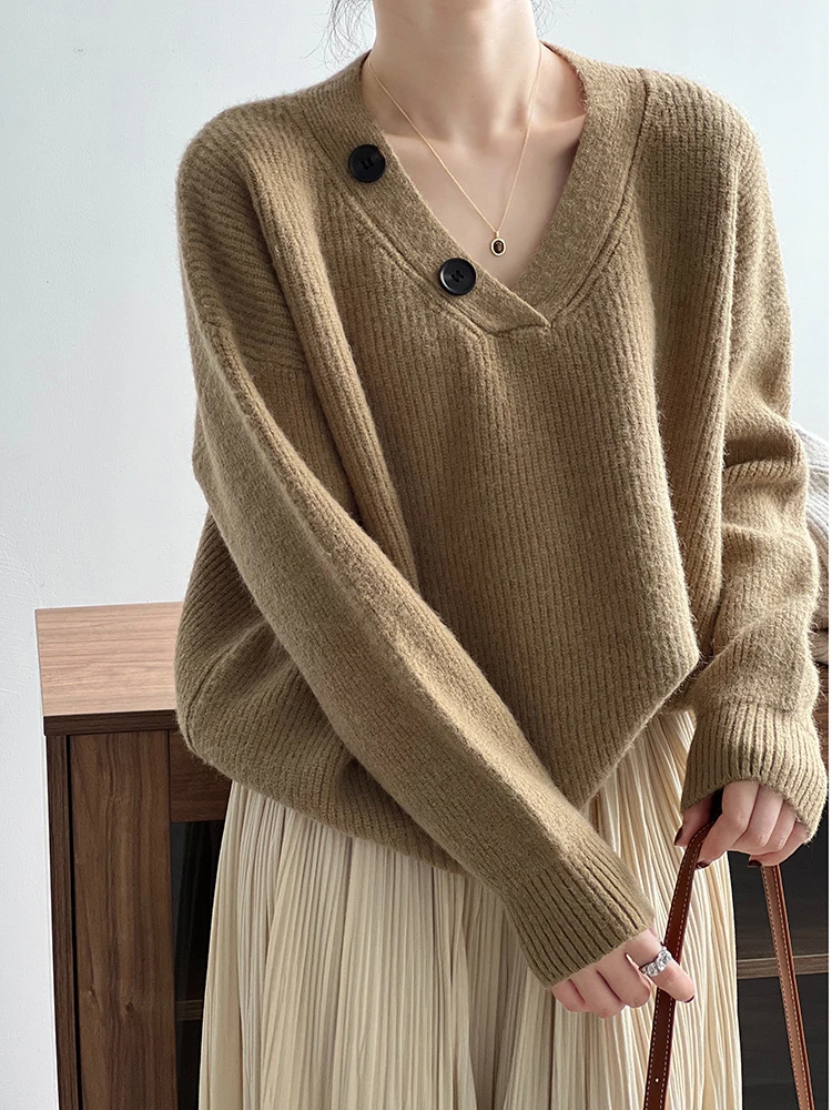 

Женский Трикотажный Свитер оверсайз с V-образным вырезом и длинным рукавом