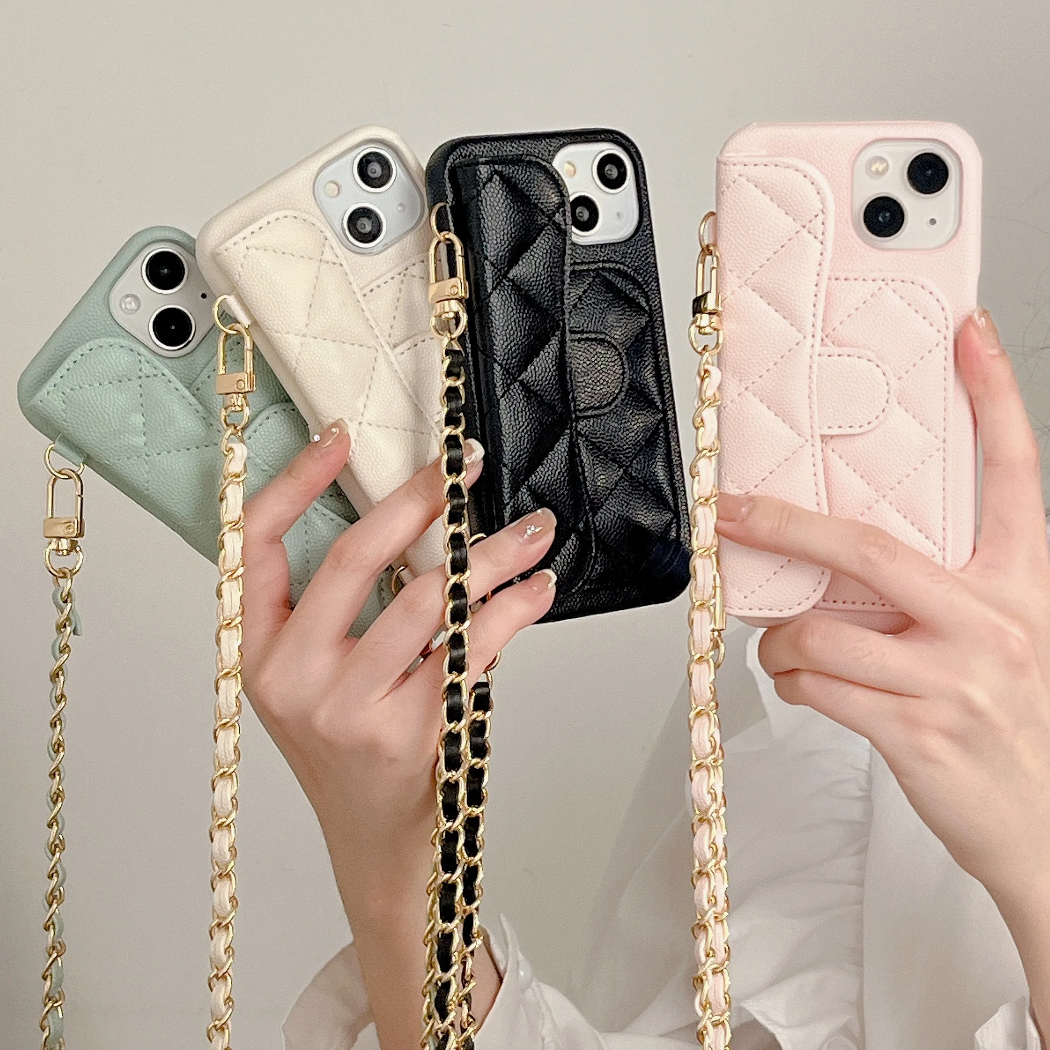 

New Luxurious lychee card pocket case for iPhone 13 12 11 Pro Max Soft Case 14pro 14Plus Case Women's Fall Prevention phone Case