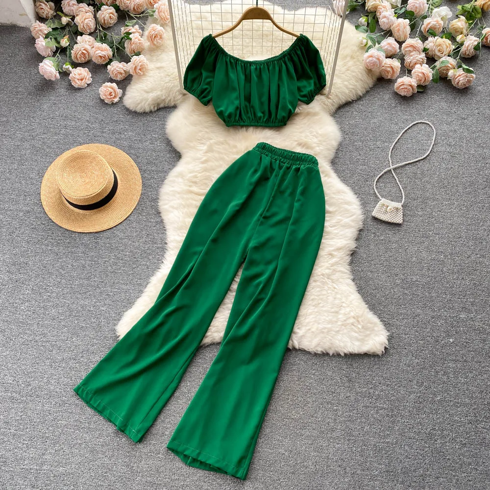 

Summer 2022 New Fashion Women Slash Neck Short Sleeve Short Tops + High Waist Wide Leg Trousers Two-piece Sets F130