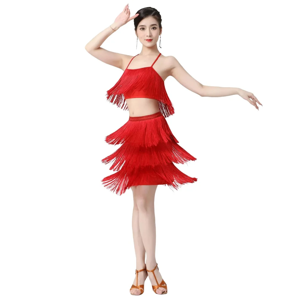 

Женский костюм Dancesuit из двух предметов, модный кроп-топ с блестками и бахромой и юбкой, Латинская Румба, Одежда для танцев