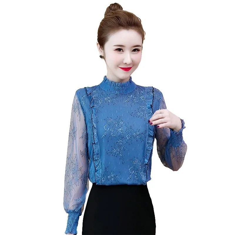 

Women's Lace Shirt Fashion New Western Style Small Shirt Versatile Chiffon Solid Color Round Neck Long Sleeve Bottom Shirt