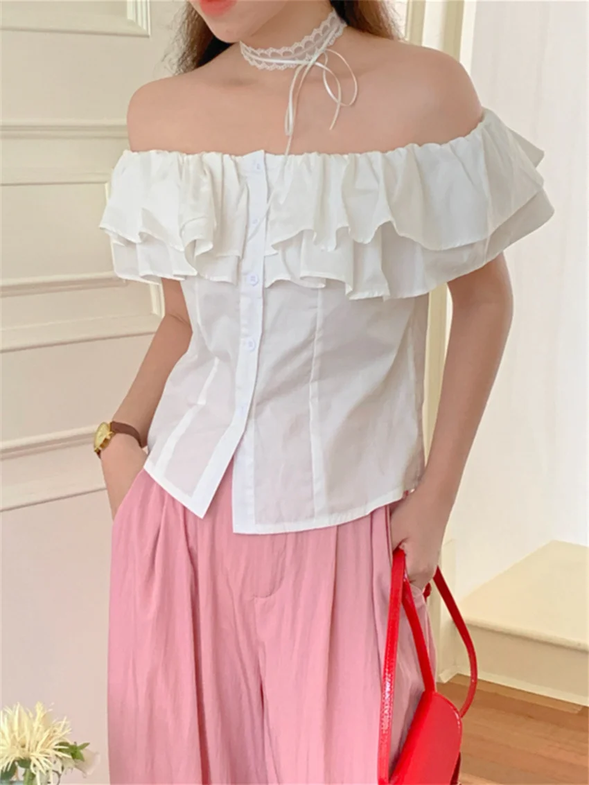 Рубашка Alien Kitty Женская с оборками приталенная блузка воротником-лодочкой