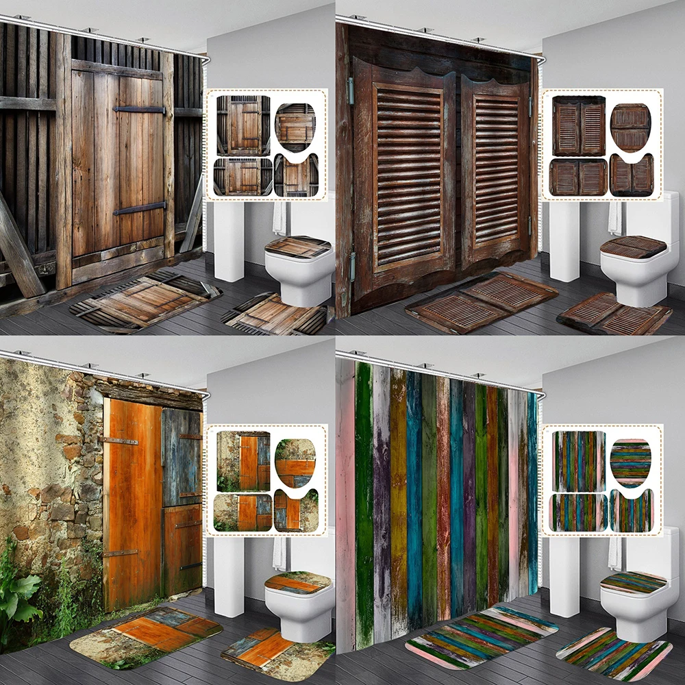 

Western Rustic Shower Curtain Farmhouse Vintage Wooden Plank Country Barn Door Bathroom Sets With Rug Toilet Lid Cover Bath Mats