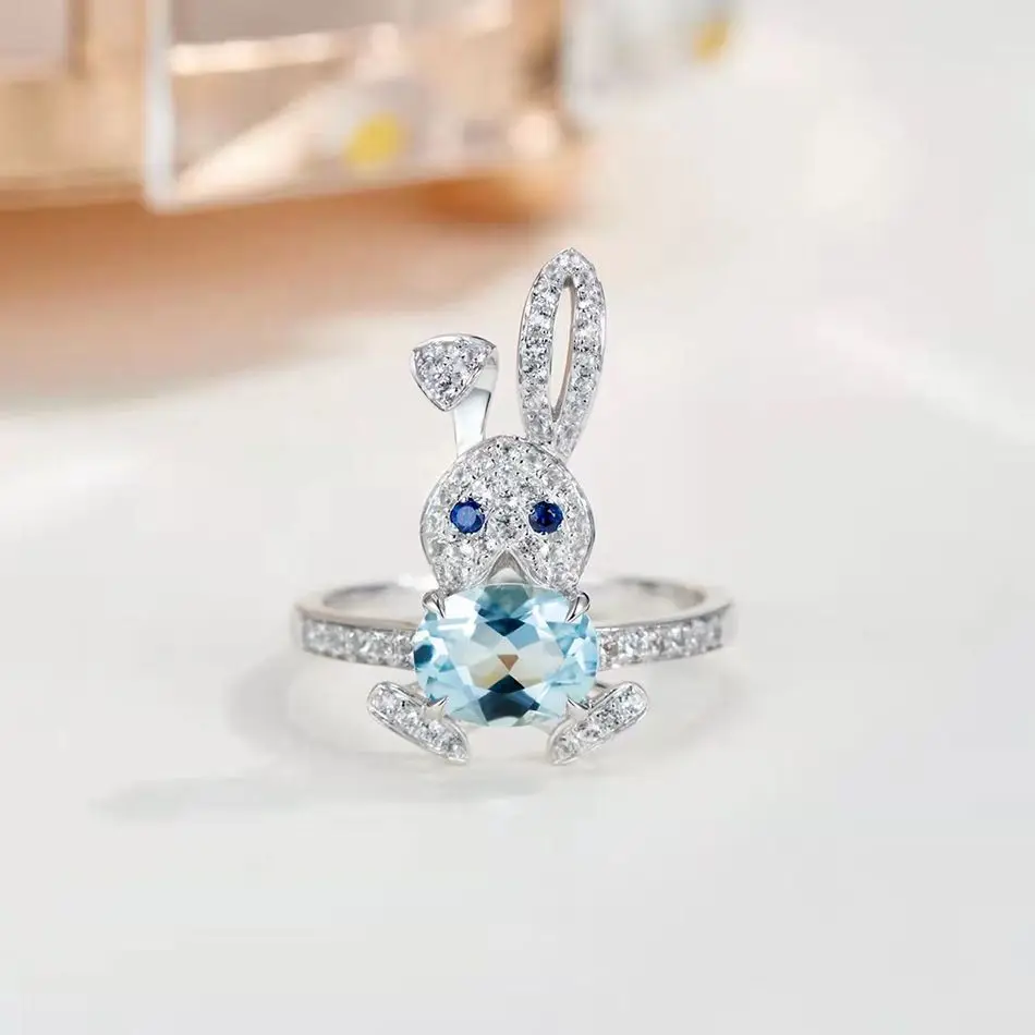 

Natural Sea Blue Treasure Bunny Ring, Sapphire Cute Rabbit Ring, Lovely, Cute and Sweet