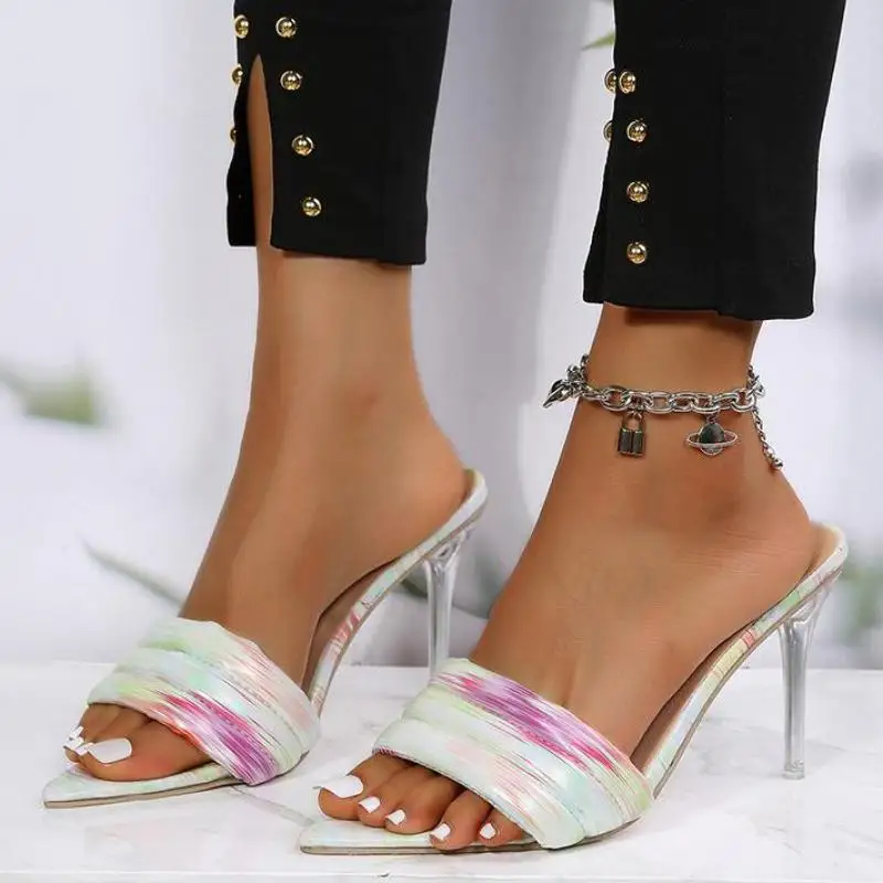 

Женские кожаные шлепанцы, сандалии на высоком каблуке, пикантные, лето 2020