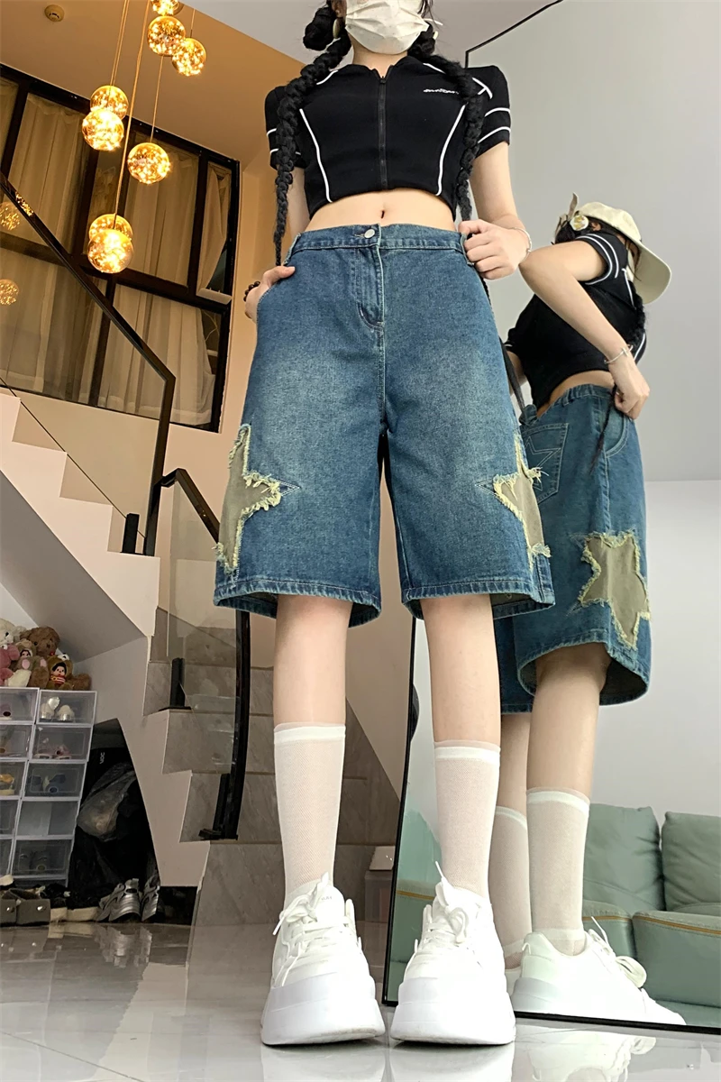 Женские винтажные джинсовые шорты со звездами уличная одежда до колена 2000s Y2k в