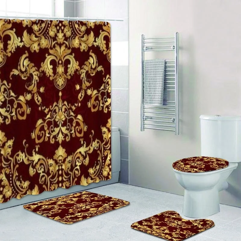 Викторианская красно-Золотая барочная Дамасская Цветочная душевая занавеска в