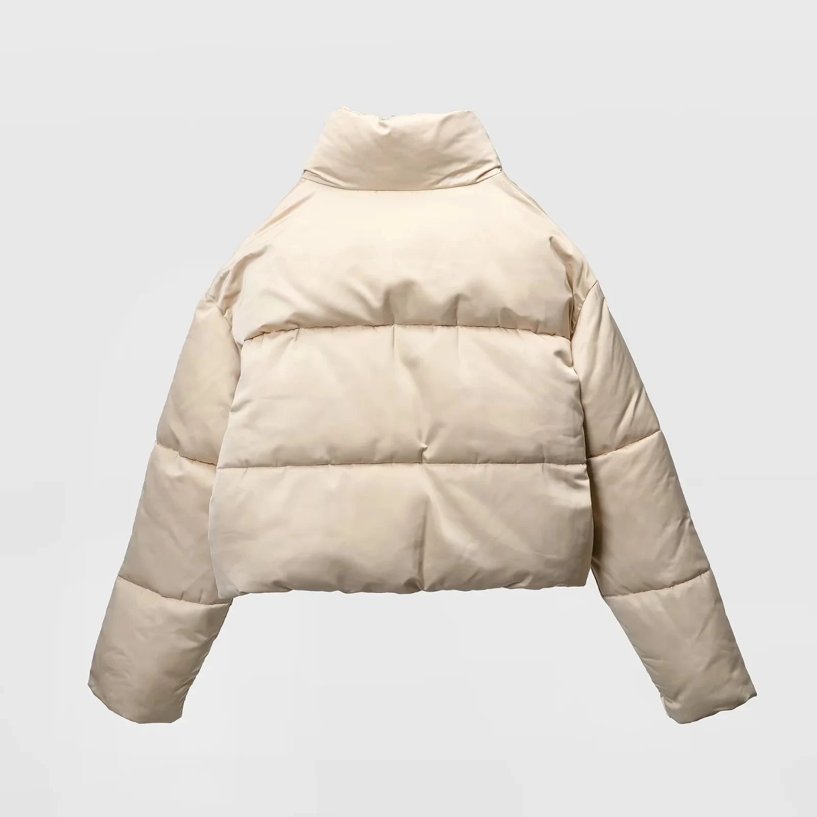 Winter Women's Beige High Neck Zip Long Sleeve Pocket Design Short Cotton Jacket Warm Fashion High Street Style