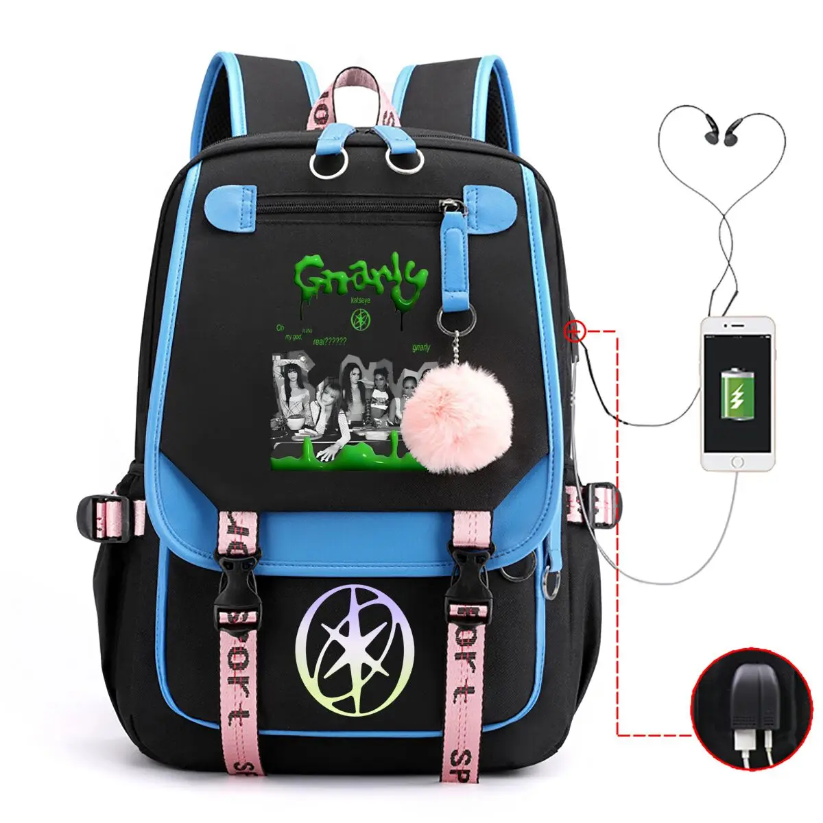 Фото Рюкзак Back To School Katseye с контрастными вставками, USB-портом для зарядки и отверстием для провода наушников, для подростков (мальчиков и девочек) №2