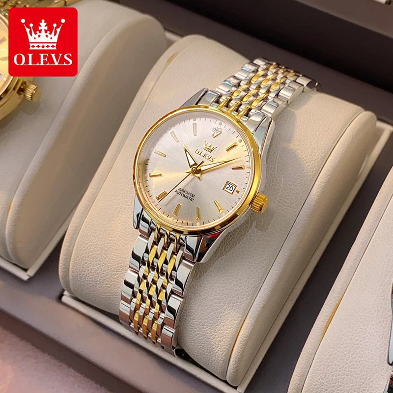 OLEVS Luxury Gold Plated Case Casual Womens Watches Simple Calendar Display Luminous Waterproof Automatic Mechanical Watch 6635