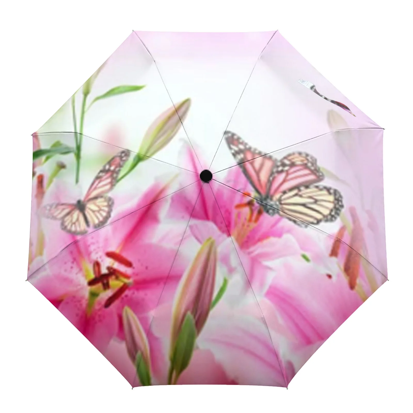 

Lilies And Butterfly Automatic Umbrella Portable Folding Sunny and Rainy Umbrella Women Parasol Umbrella