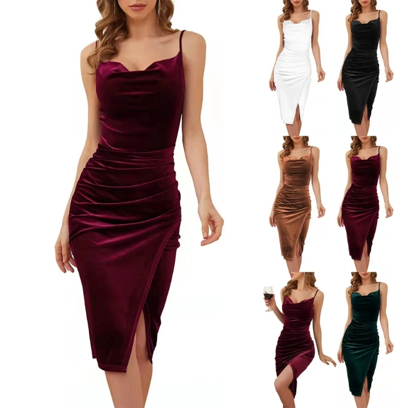 

Womens Sexy Cowl Neck Backless Spaghetti Strap Velvet Midi Bodycon Dress Elegant Ruched Split Hem Cocktail Party Dresses