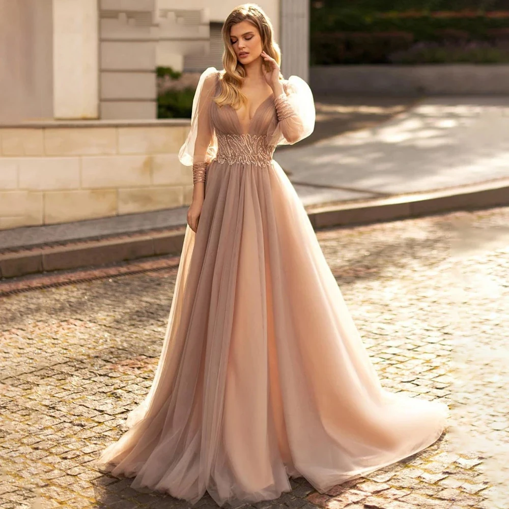 

Женское вечернее платье с V-образным вырезом, роскошное элегантное кружевное платье-трапеция из тюля с открытой спиной и рукавами-фонарикам...