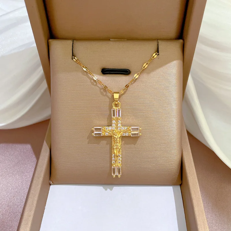

Lucky Cross Zircon Necklace for Women Men Couple Gold Color Stainless Steel Chain Choker Statement Weekend Jewelry Gift Bijoux