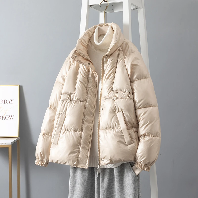 Winter Bright Face Down Jacket Women Korean Fashion Stand Collar Snow Coat 2022 New Solid Loose Zipper Windproof Thickened Parka