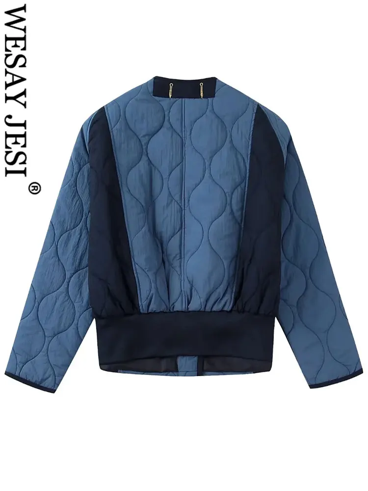 WESAY JESI Womens Fashion Crew Neck Loose Long Sleeve Cotton Coat Patch Pocket Single Breasted Warm Jacket Female Chic Outerwear