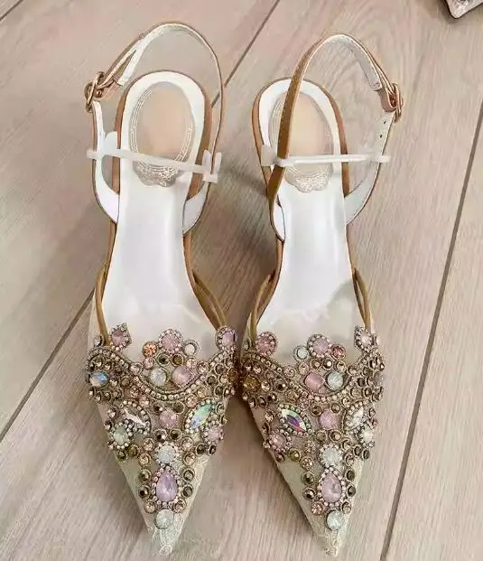 Красивые свадебные кружевные сандалии со стразами и жемчугом женские роскошные