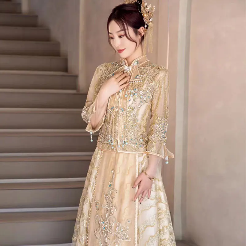 Beige Exquisite Sequins Bead Embroidery Bride Wedding Dress Elegant Mandarin Collar Chinese Women Men Marriage Cheongsam