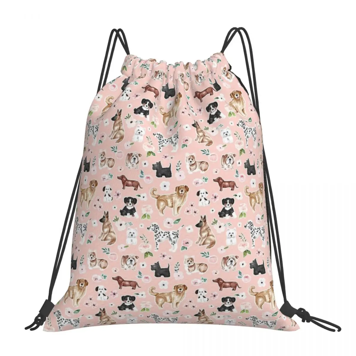 

Watercolor Dogs And Flowers On Pink Backpack Drawstring Bags Portable Backpacks Drawstring Bundle Pocket Sports Bag Book Bags