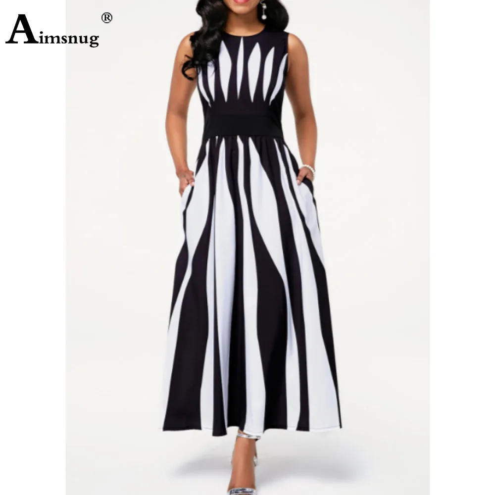 

Aimsnug 2022 Summer Ladies Elegant Long Maxi Dress Sleeveless Model Stripes Dresses Women Casual Beach Dress Clothing Size S-5XL