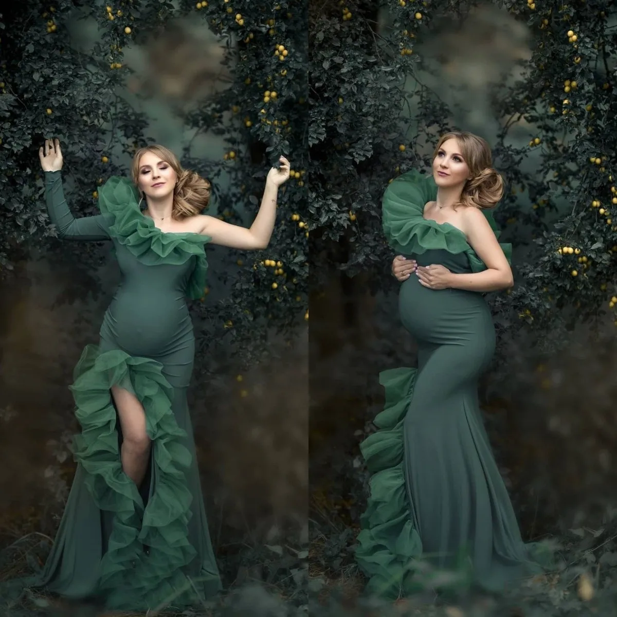 

Hunter Green Prom Dresses Elegant Maternity Dress One Shoulder Ruffles Side Slit Evening Gowns Photoshooting vestido de novia